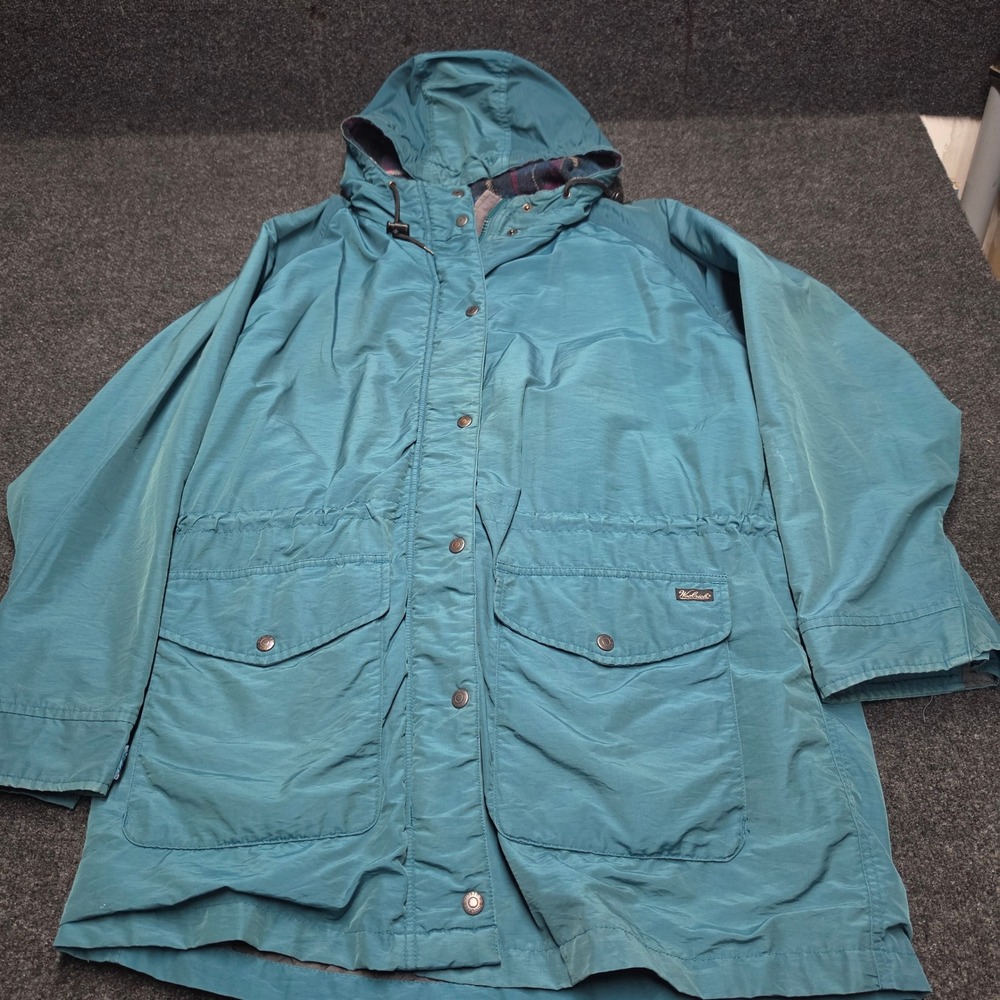 Woolrich Vintage Teal Blue Plaid Flannel Lined Hooded Parka Jacket Large